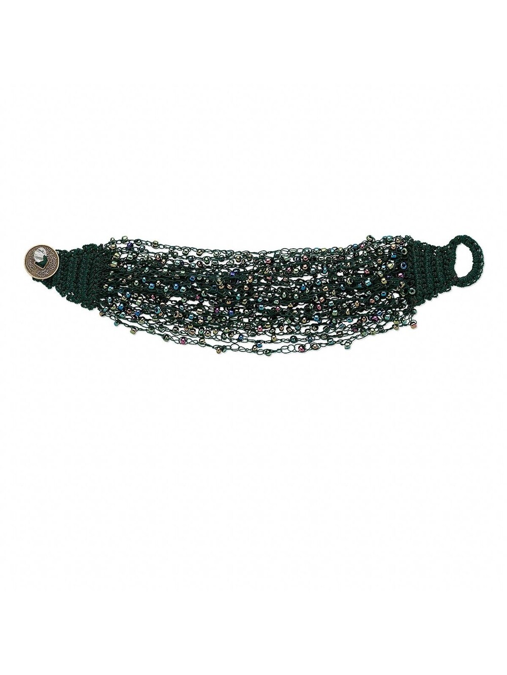 Handcrafted Woven Iris Green Oil Slick Beaded Glass Bracelet with Coin Clasp